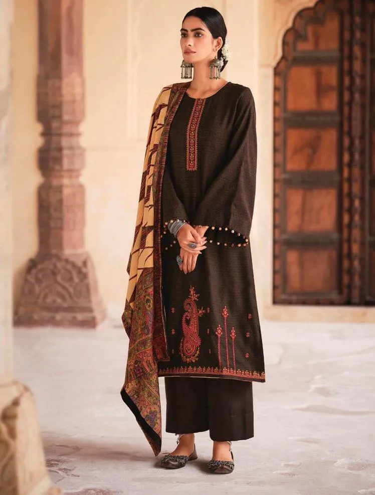 Pashmina Brown Unstitched Winter Salwar Suit Set With Printed Shawl