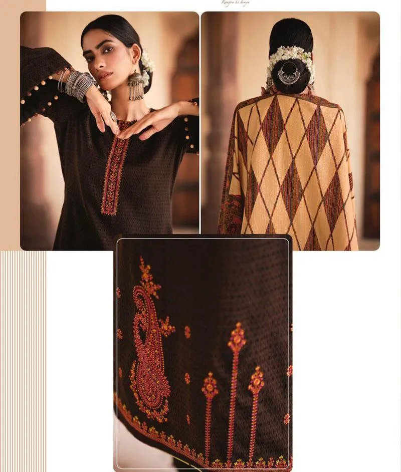 Pashmina Brown Unstitched Winter Salwar Suit Set With Printed Shawl