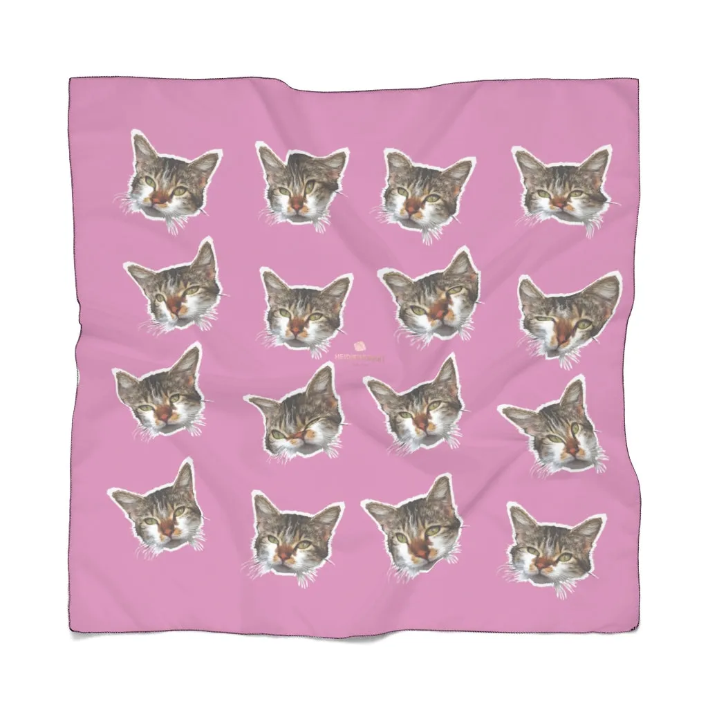 Pink Cat Print Poly Scarf, Women's Fashion Accessories For Men/Women- Made in USA