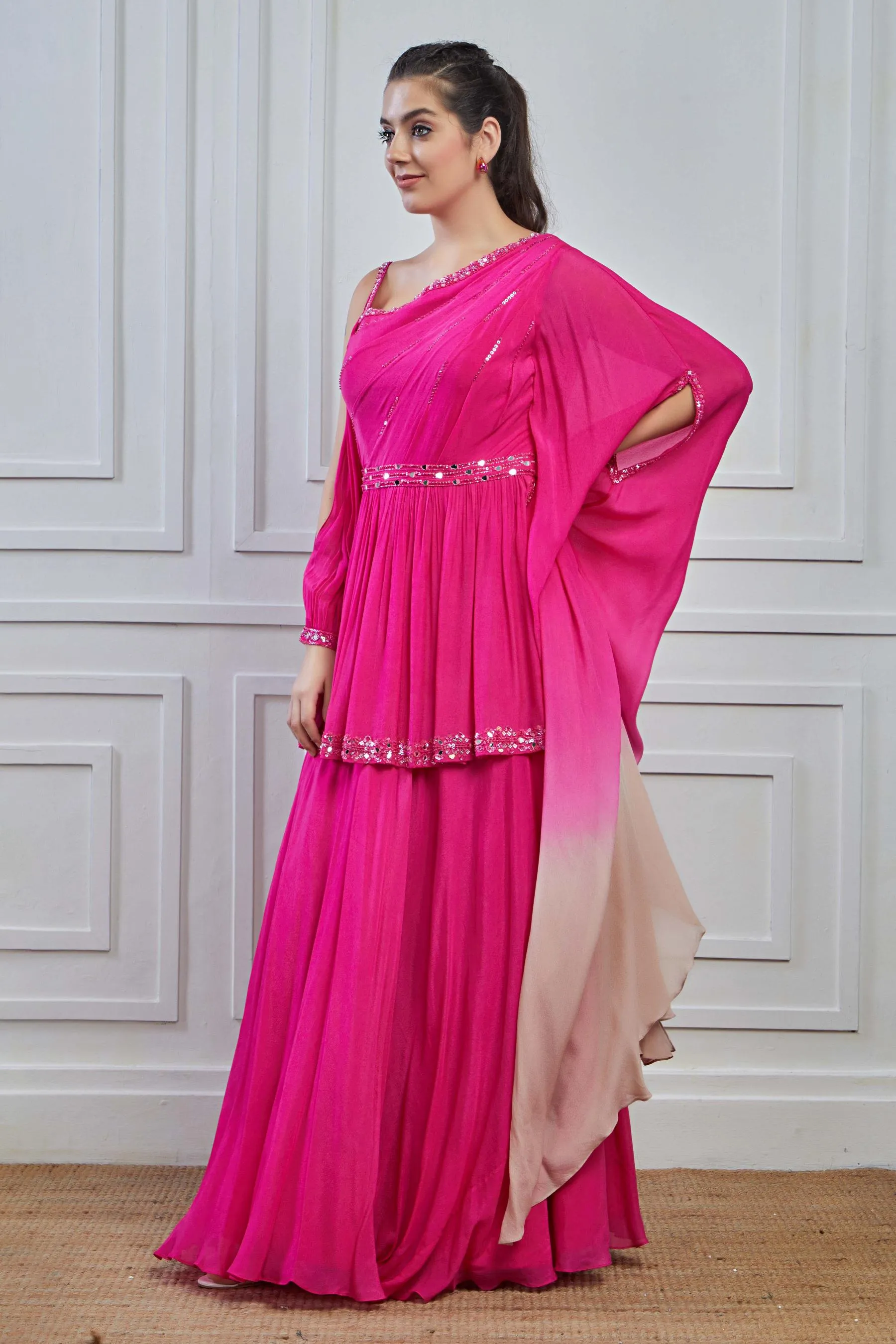 Pink Ombre-Dyed Crepe Silk Tunic Skirt Set