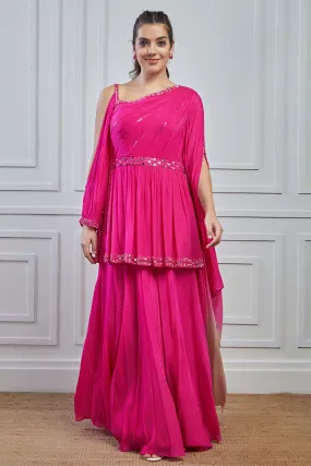 Pink Ombre-Dyed Crepe Silk Tunic Skirt Set