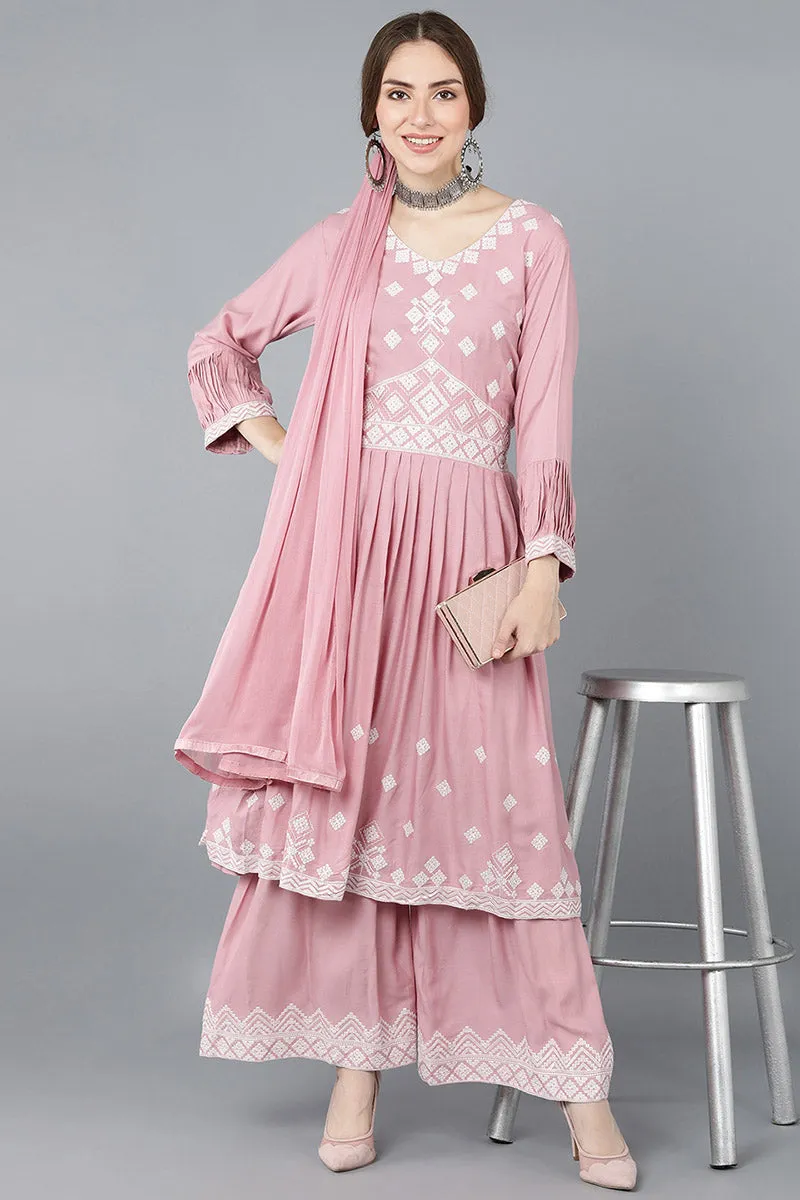 Pink Poly Silk Anarkali Kurta Sharara With Dupatta Set