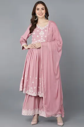 Pink Poly Silk Anarkali Kurta Sharara With Dupatta Set