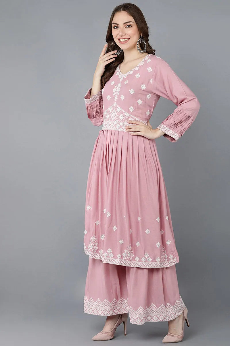 Pink Poly Silk Anarkali Kurta Sharara With Dupatta Set