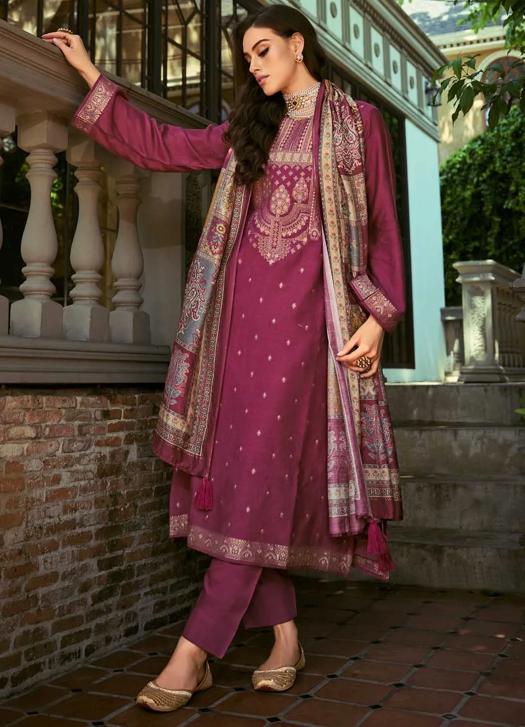 Pure Pashmina Jacquard Pink Winter Suit Dress Material for Ladies