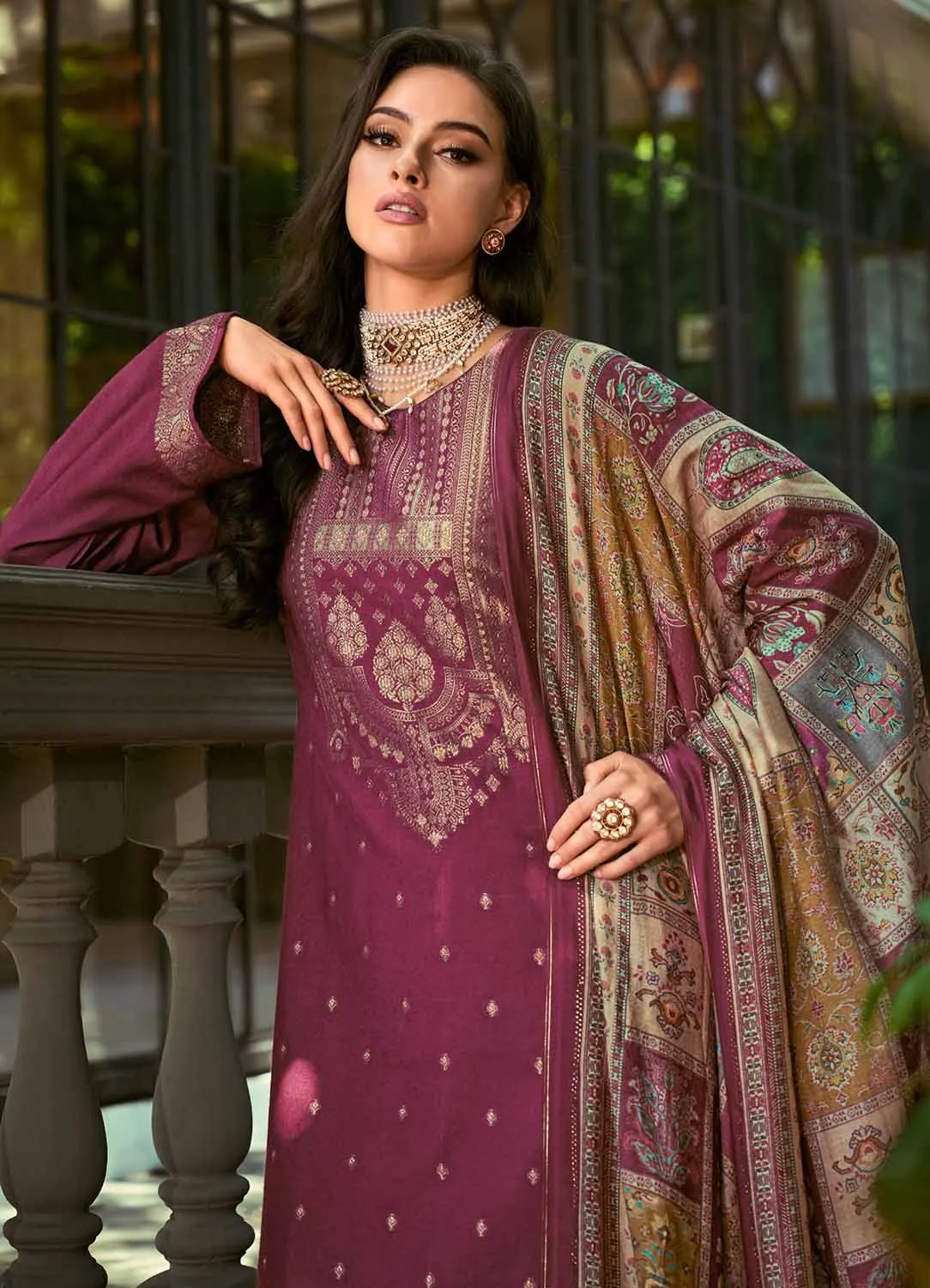 Pure Pashmina Jacquard Pink Winter Suit Dress Material for Ladies