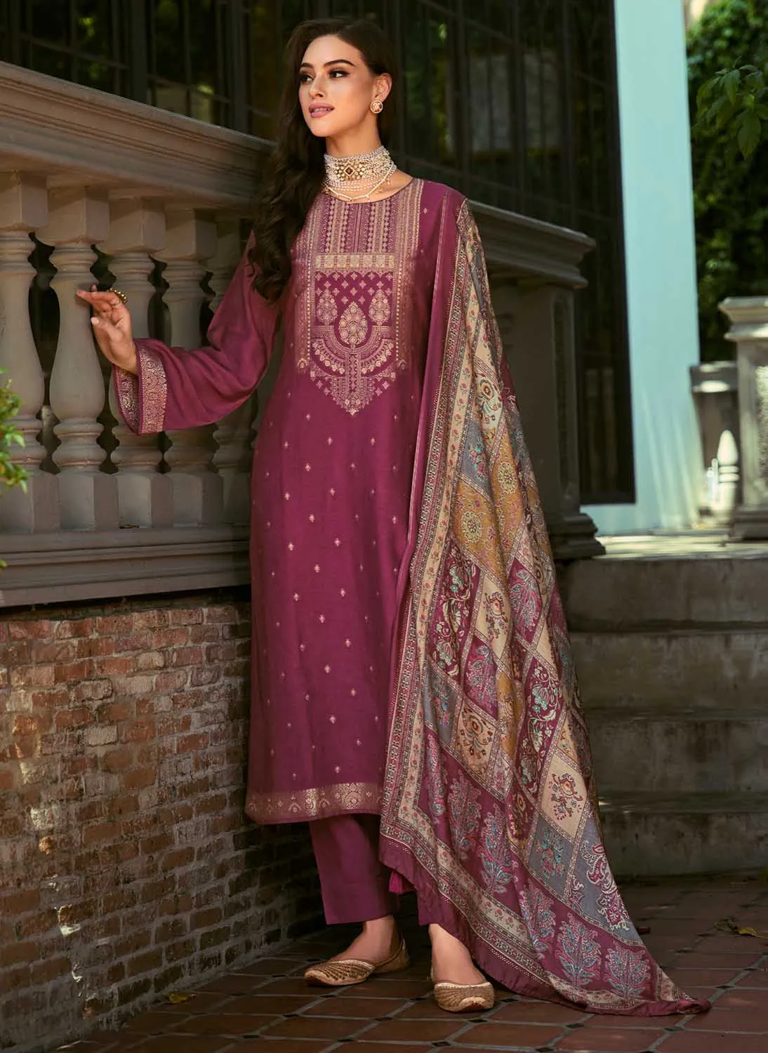 Pure Pashmina Jacquard Pink Winter Suit Dress Material for Ladies