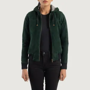 Rebella Green Hooded Suede Bomber Jacket