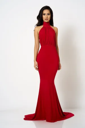 Red Backless Halter High Neck Fishtail Maxi Dress