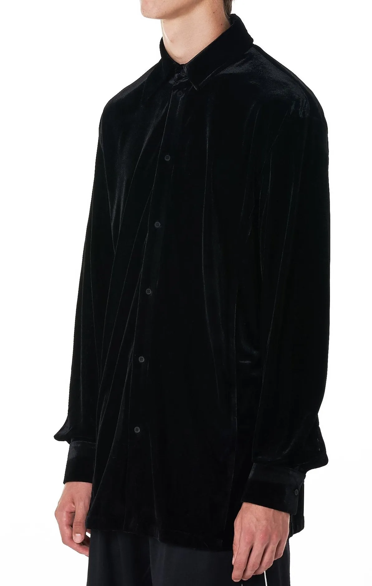 Regular-fit Crushed Velvet Shirt in Black Asymmetric Collar Dropped Shoulder