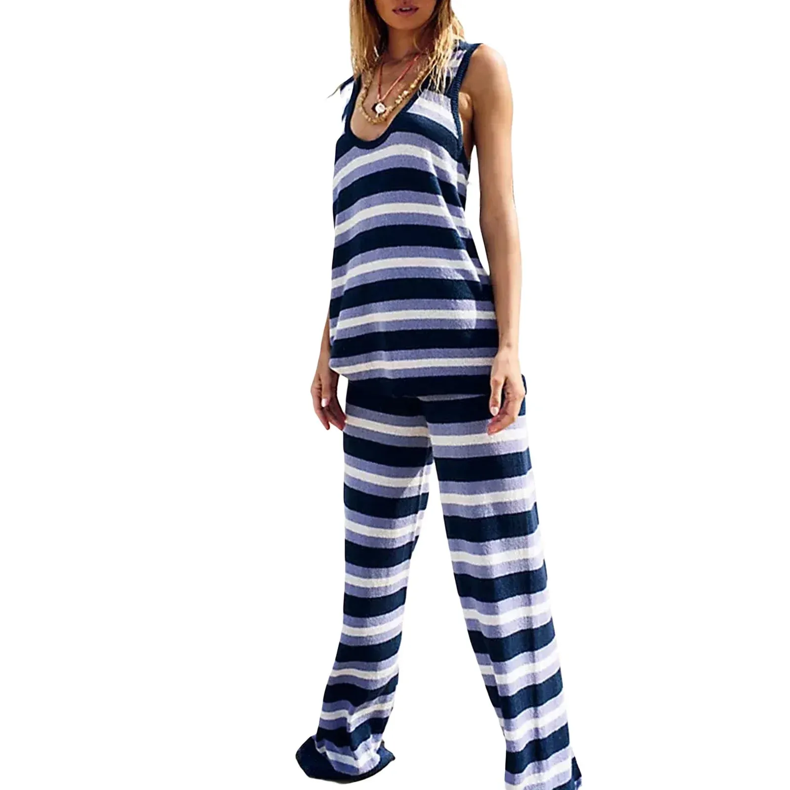 Round Neck Knit Tank Tops Elastic Waist Pants Y2K Lounge Stripe Pajamas