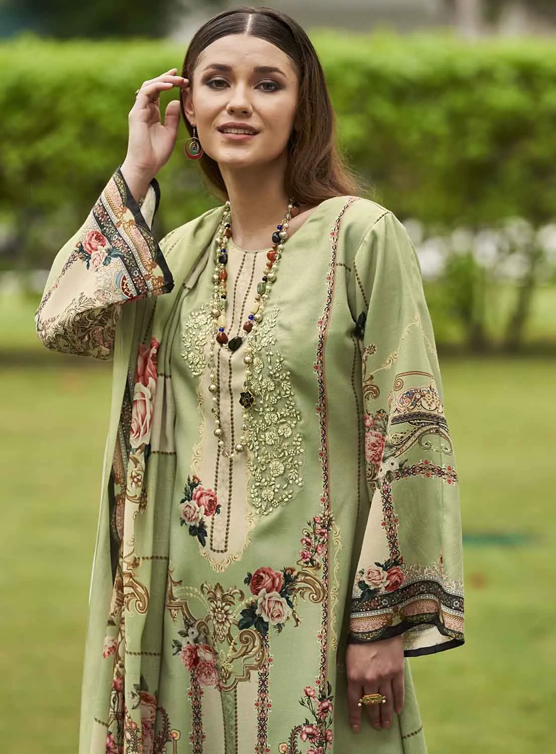 Sadhana Green Unstitched Pashmina Winter Suit Materials for Women