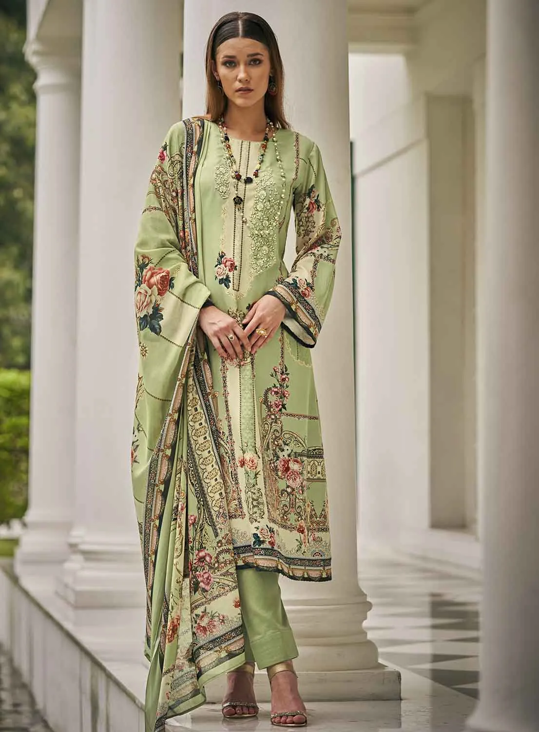 Sadhana Green Unstitched Pashmina Winter Suit Materials for Women