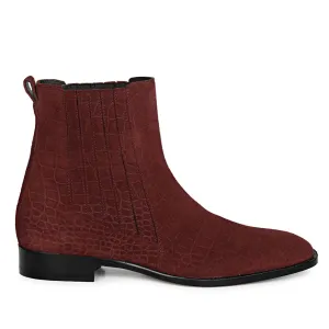 Saint Gorile Burgundy Croco Print Suede Leather Chelsea boot