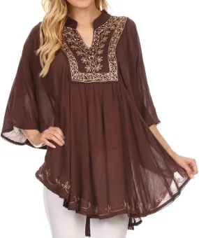 Sakkas Gicuru Wide Long Embroidered V Henley Neck Poncho Tunic Blouse Shirt Top