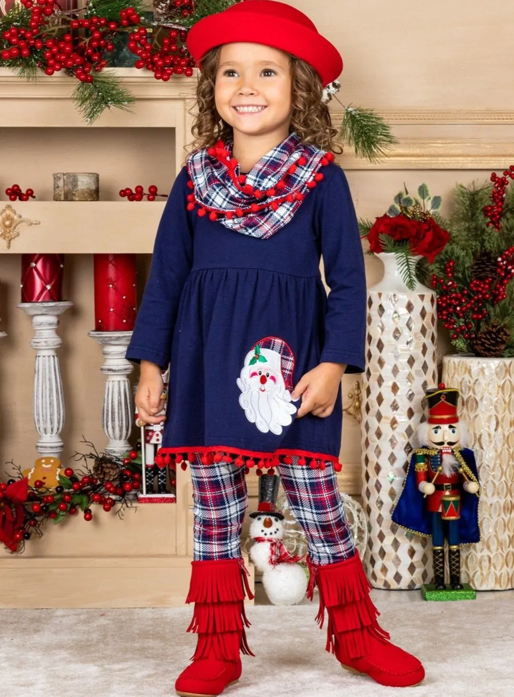 Santa's Favorite Tunic, Plaid Scarf And Legging Set