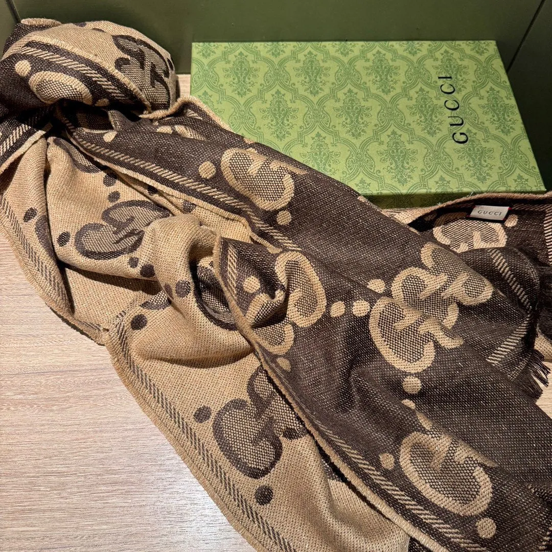 SCARF 195 CM IN BEIGE AND DARK BROWN GG WOOL LAMÉ JACQUARD 403978