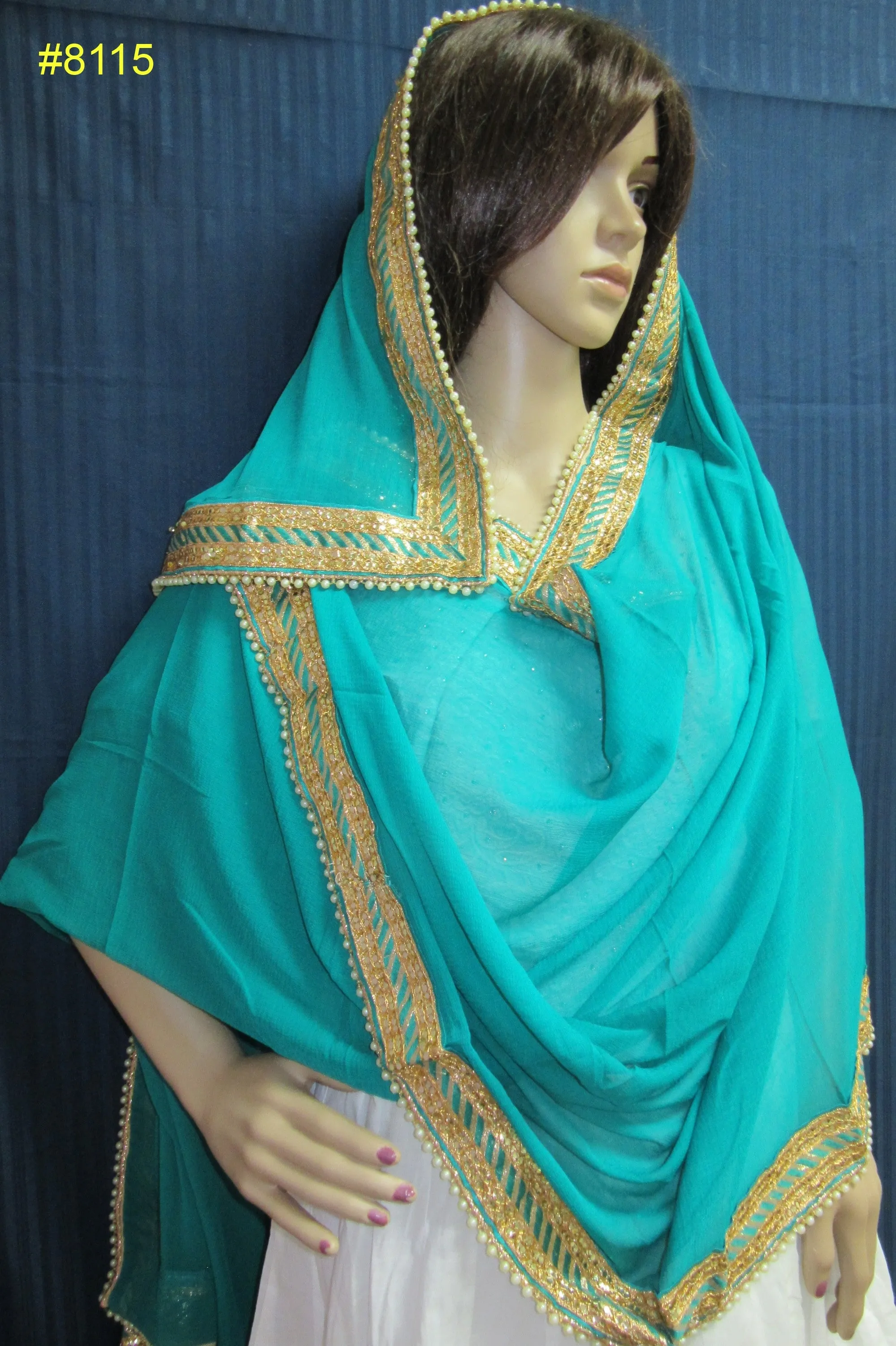 Scarf 8008 Green Georgette Party Wear Dupatta Golden lace Chunni Shieno Sarees