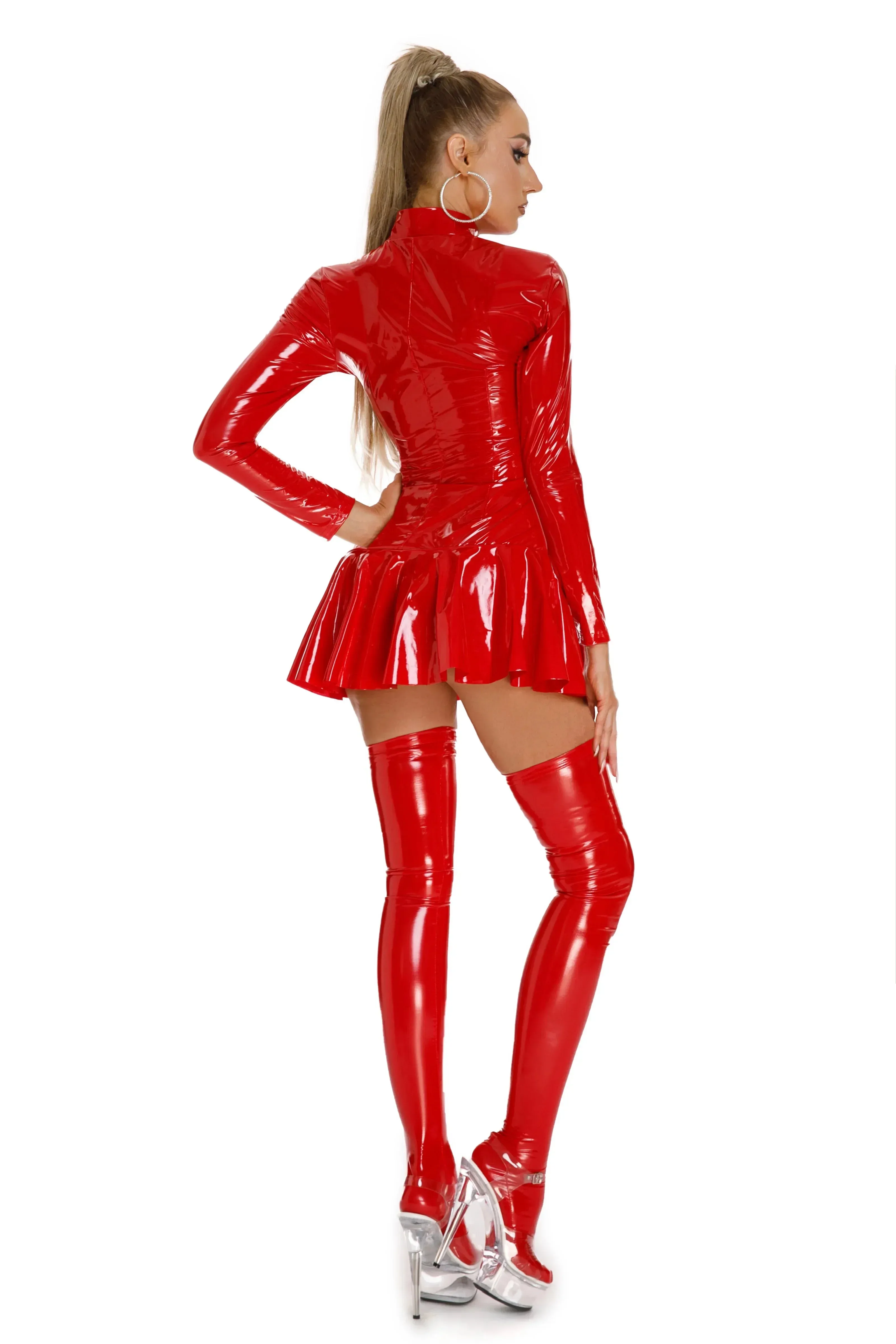 Shiny Leather Dress Short Sleeve Zipper Open Crotch Glossy Pvc Latex Pleated Skirt