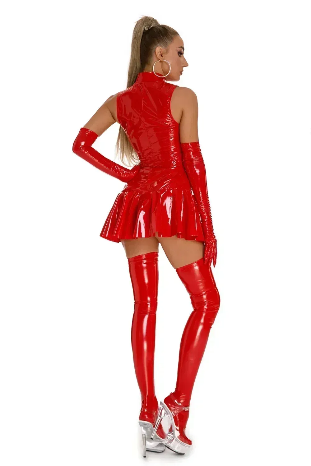 Shiny Leather Dress Short Sleeve Zipper Open Crotch Glossy Pvc Latex Pleated Skirt