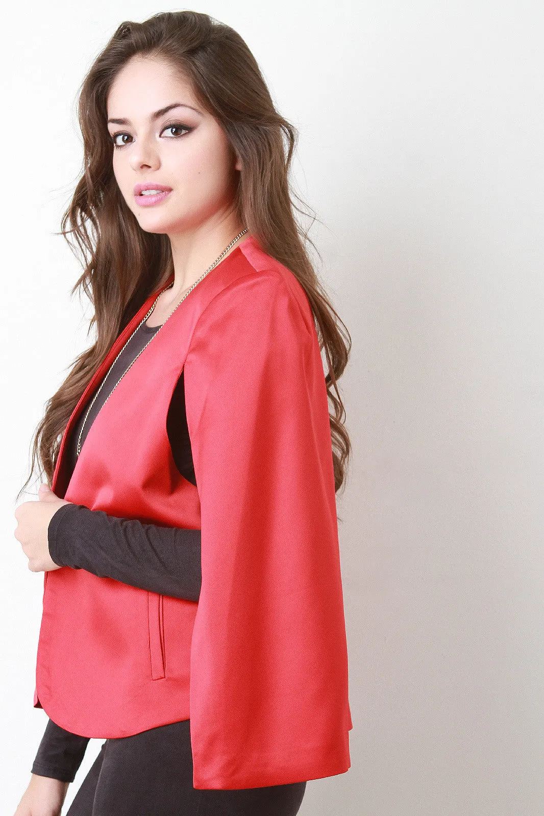 Shiny Satin Open Front Cape Blazer