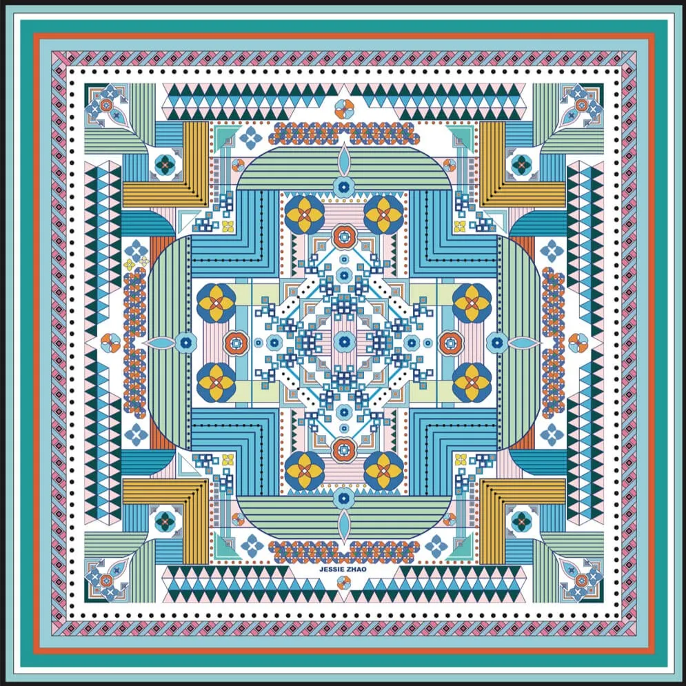 Silk Scarf Of Reconstruction With Shapes In Blue