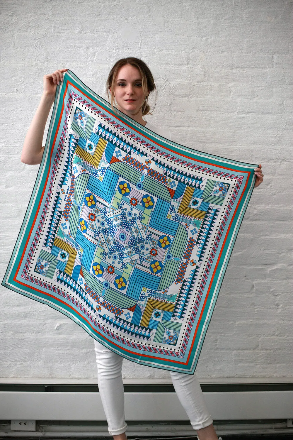 Silk Scarf Of Reconstruction With Shapes In Blue