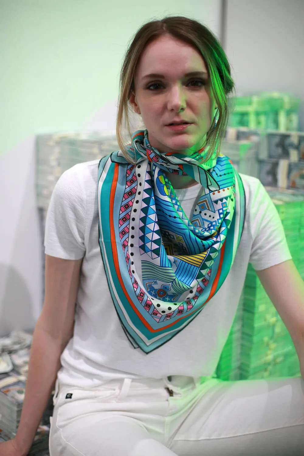 Silk Scarf Of Reconstruction With Shapes In Blue