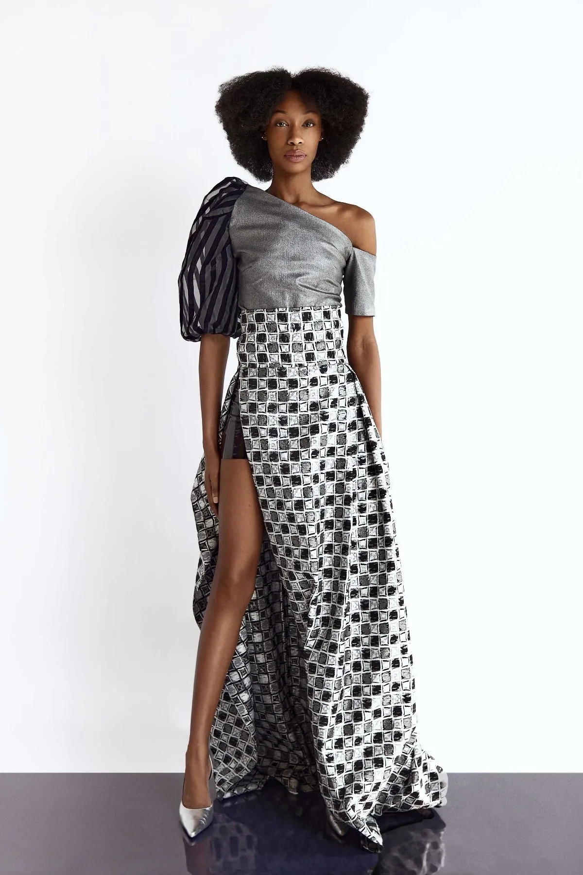 Silver and Black Cheque Jacquard High-Waist Evening Skirt