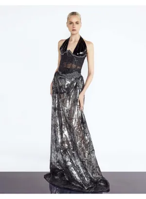 Silver Coated Organza Evening Skirt With Corset