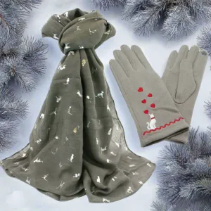 Soft Feel Set of Cat Design Grey Ladies Gloves and Scarf - Gift Set for Her