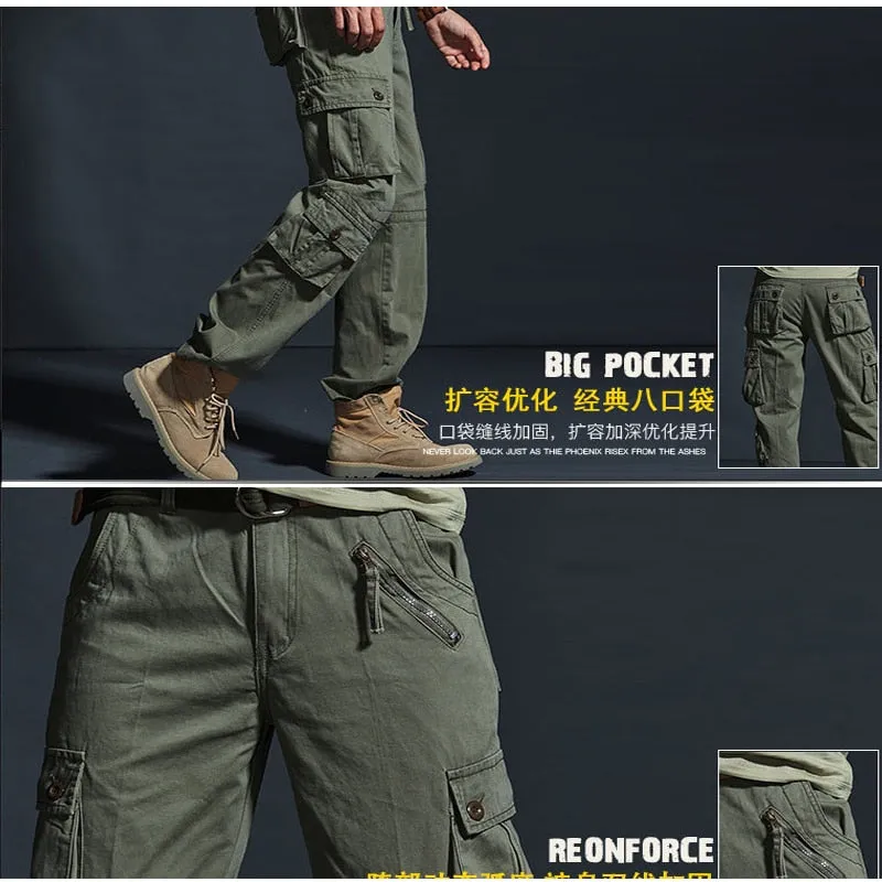 Solid Tactical Cargo Cotton Casual Multi Pocket Military Style Men Pants