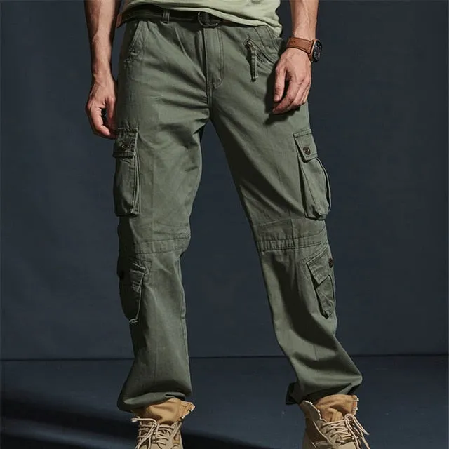 Solid Tactical Cargo Cotton Casual Multi Pocket Military Style Men Pants