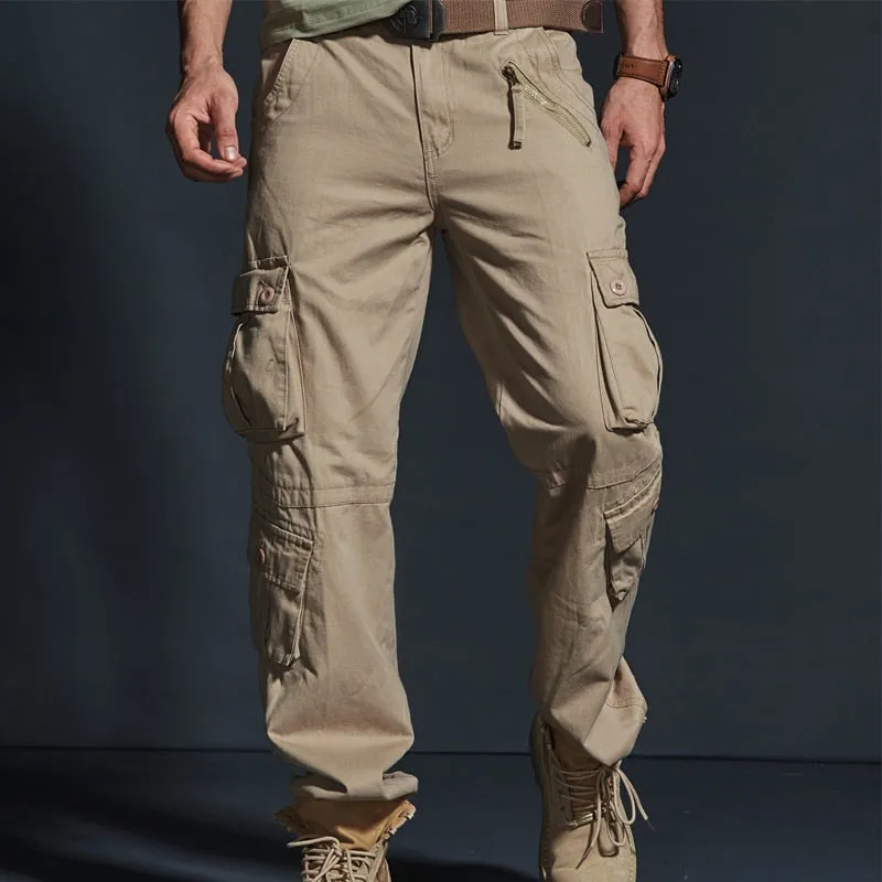 Solid Tactical Cargo Cotton Casual Multi Pocket Military Style Men Pants