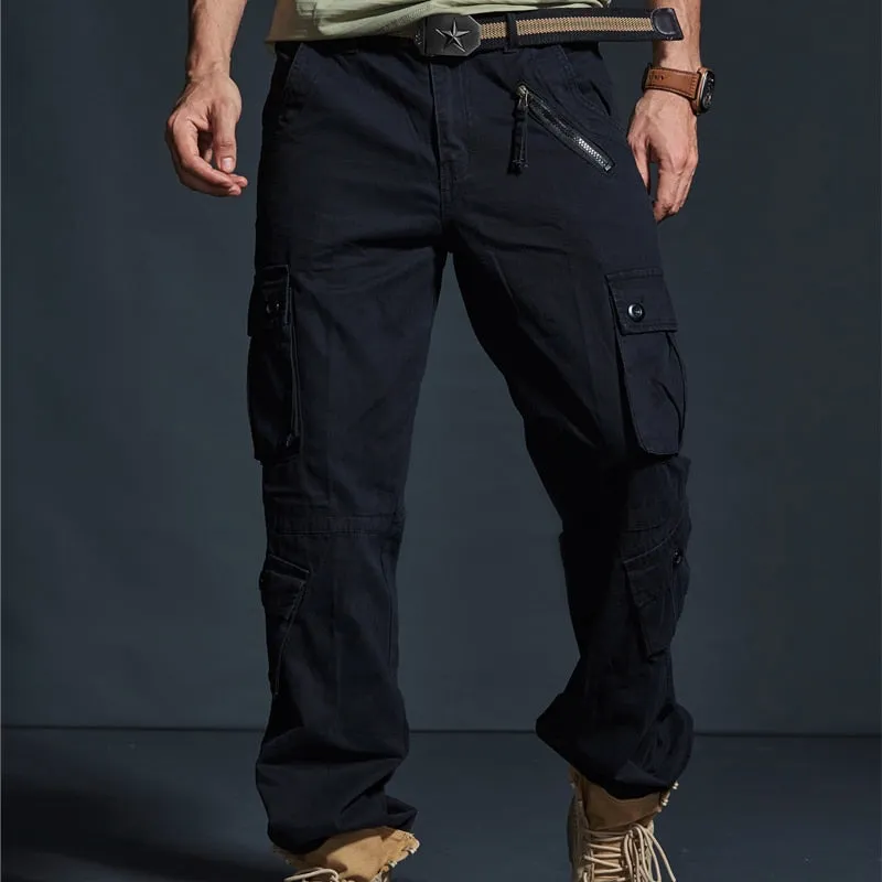 Solid Tactical Cargo Cotton Casual Multi Pocket Military Style Men Pants