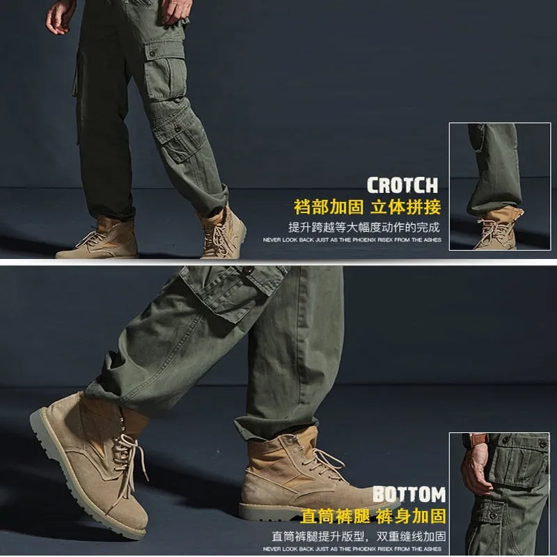 Solid Tactical Cargo Cotton Casual Multi Pocket Military Style Men Pants