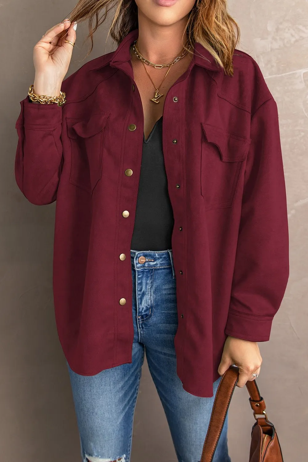 Suede Snap Front Dropped Shoulder Jacket