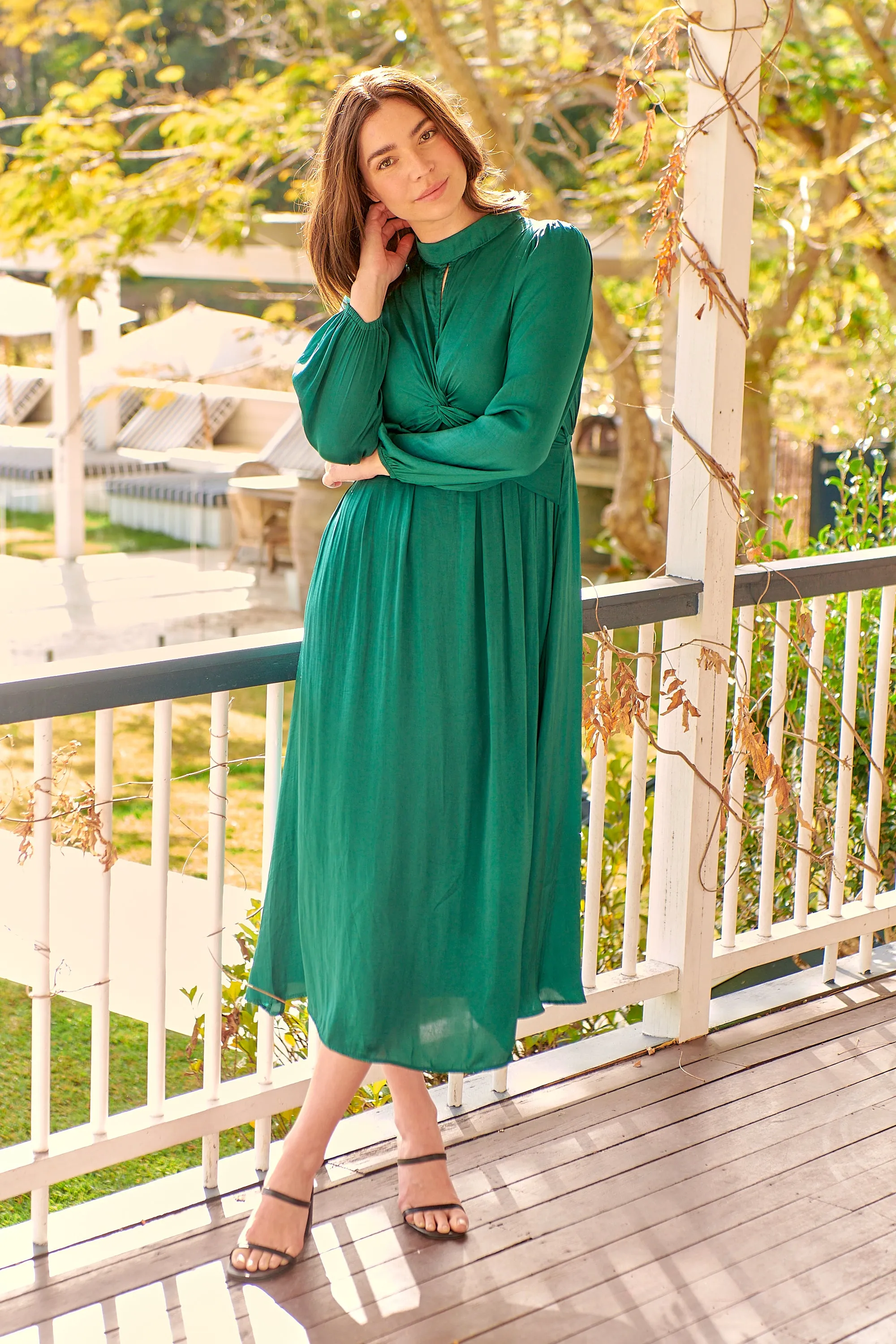 Tamara Emerald High Neck Knot Front Satin Midi Dress