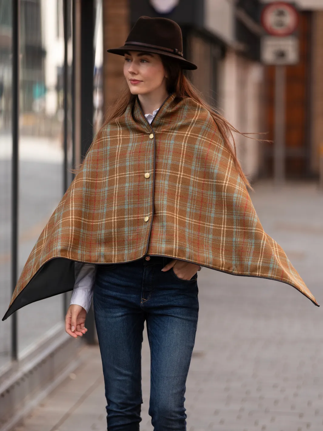 Tweed Shawl - Brown Blue Check