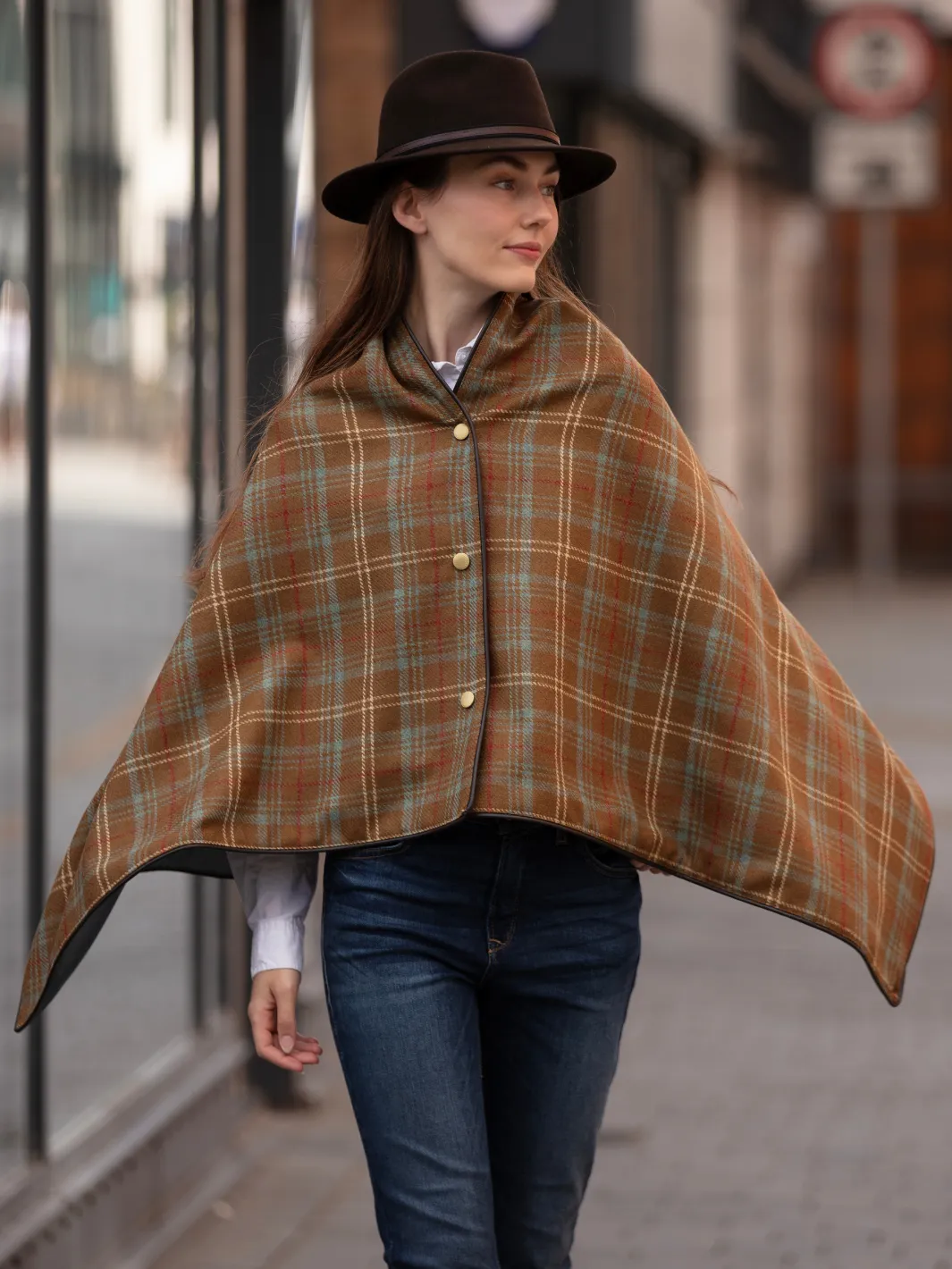 Tweed Shawl - Brown Blue Check