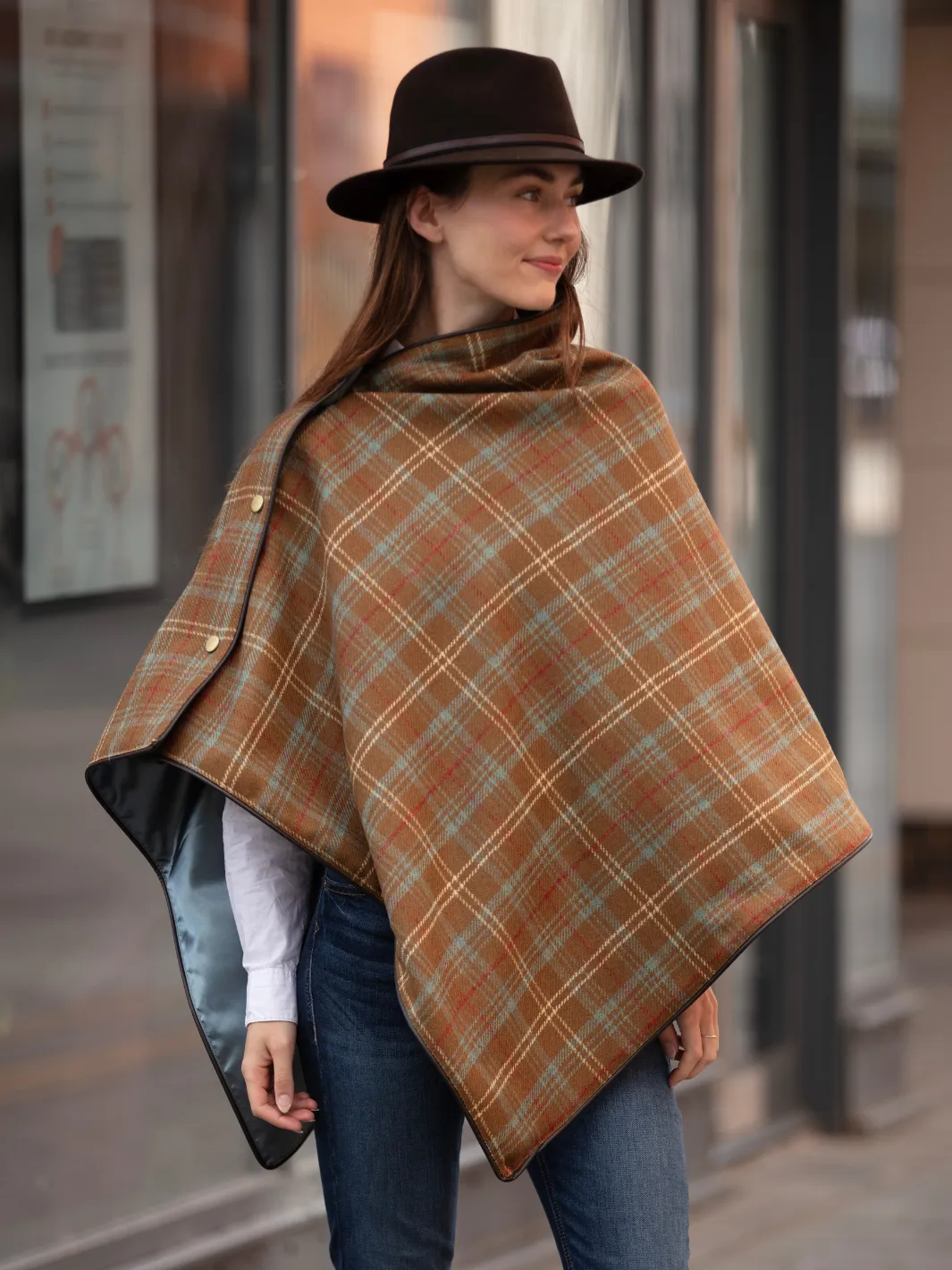 Tweed Shawl - Brown Blue Check