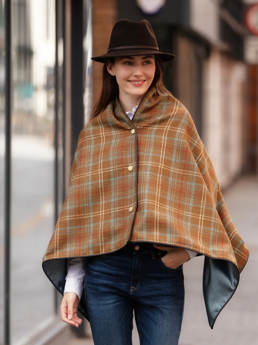 Tweed Shawl - Brown Blue Check