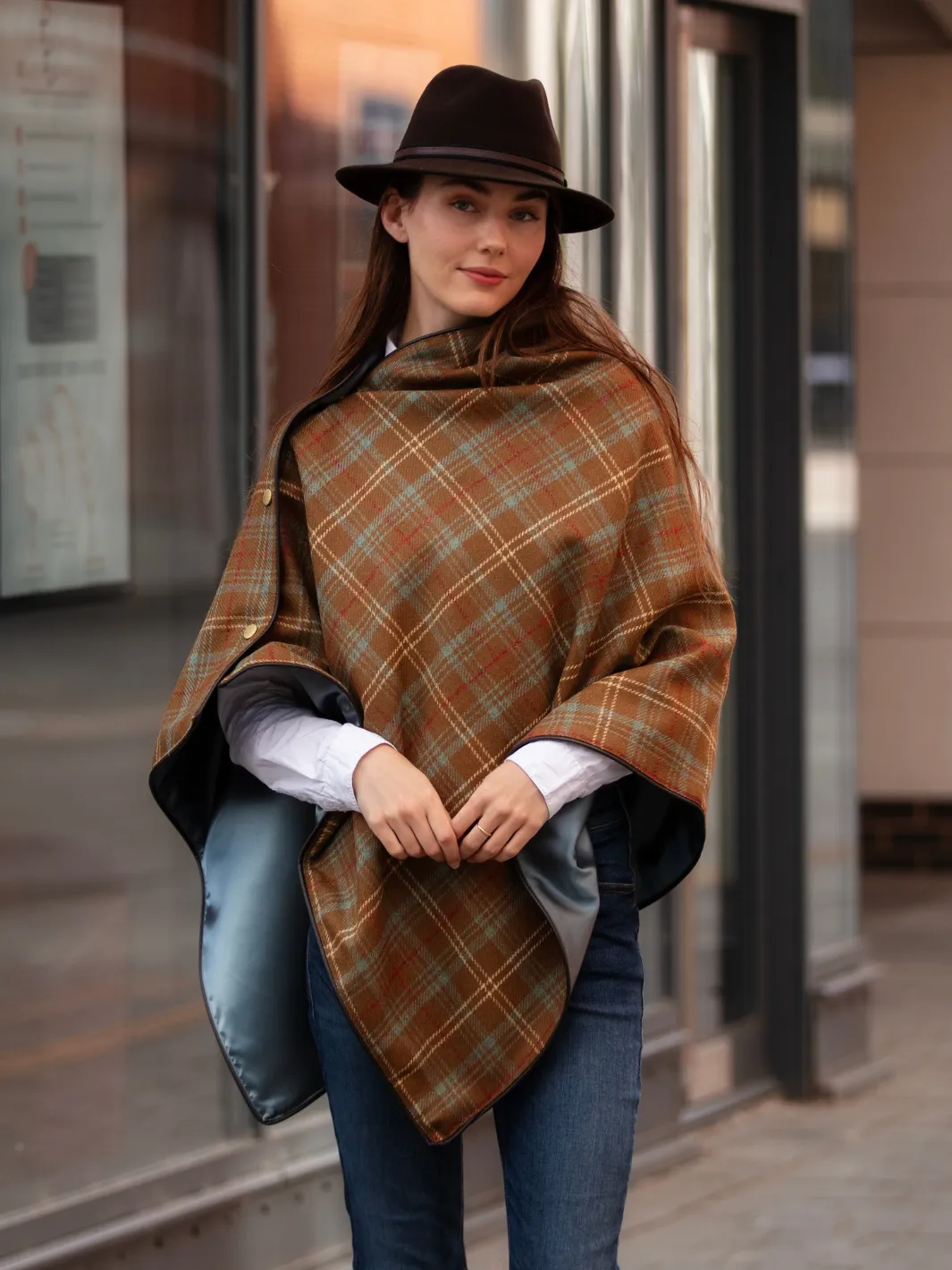 Tweed Shawl - Brown Blue Check