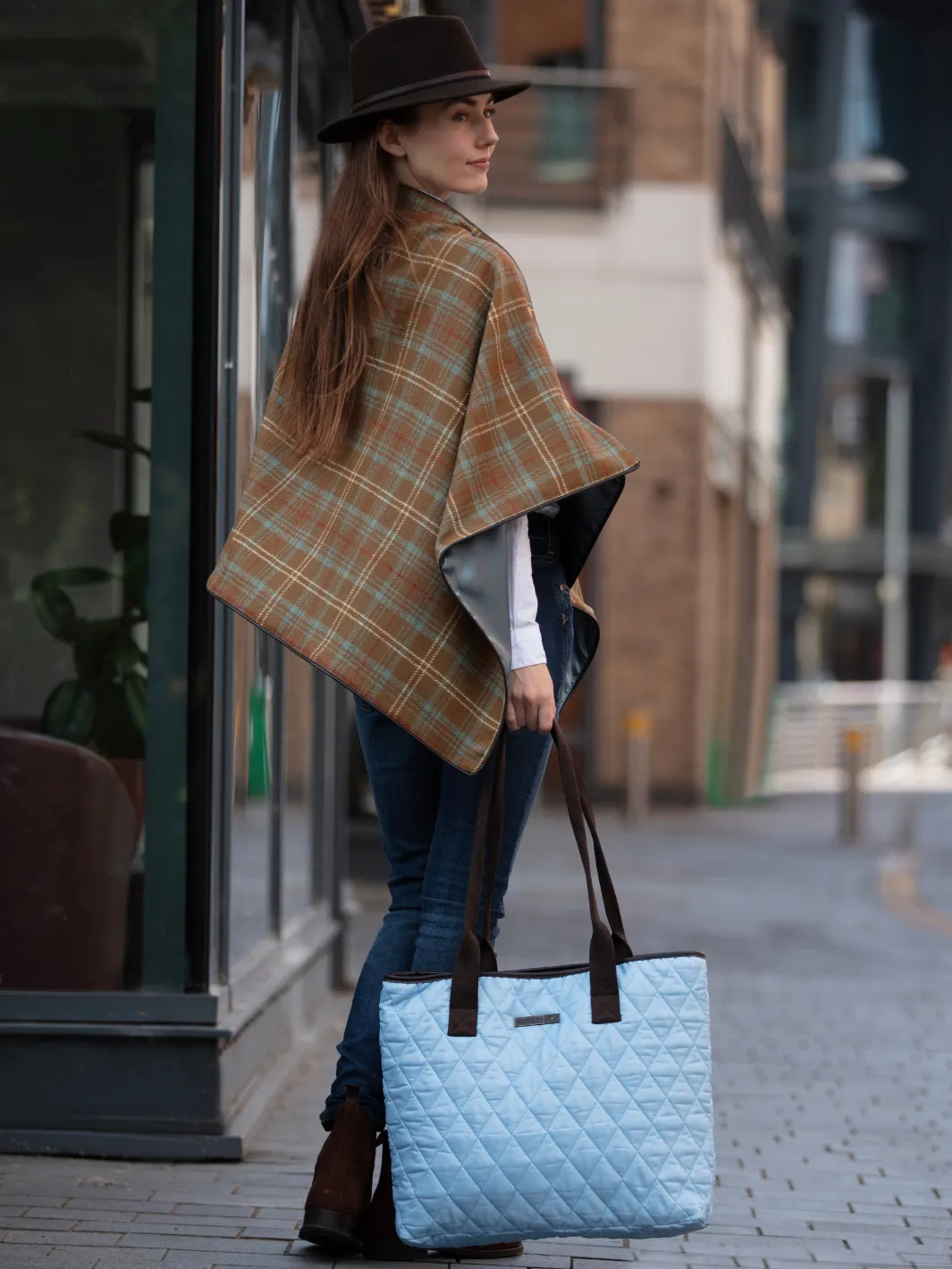 Tweed Shawl - Brown Blue Check