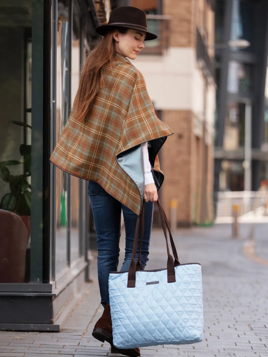 Tweed Shawl - Brown Blue Check