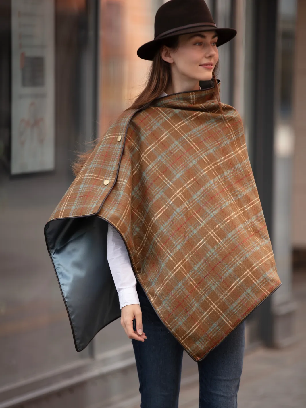 Tweed Shawl - Brown Blue Check