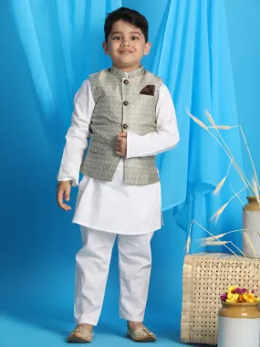 VASTRAMAY Boy's Beige Woven Jacket With White Kurta and Pyjama Set