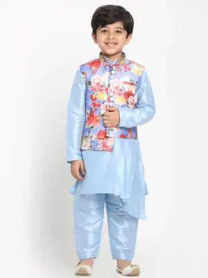 Vastramay Boy's Blue Asymmetric Kurta With Floral Printed Jacket And Pyjama Set