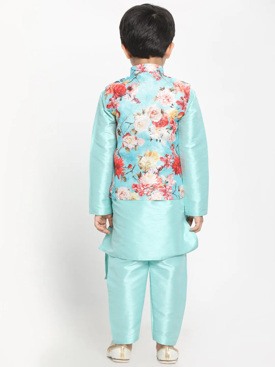 Vastramay Boy's Mint Green Asymmetric Kurta With Floral Printed Jacket And Pyjama Set