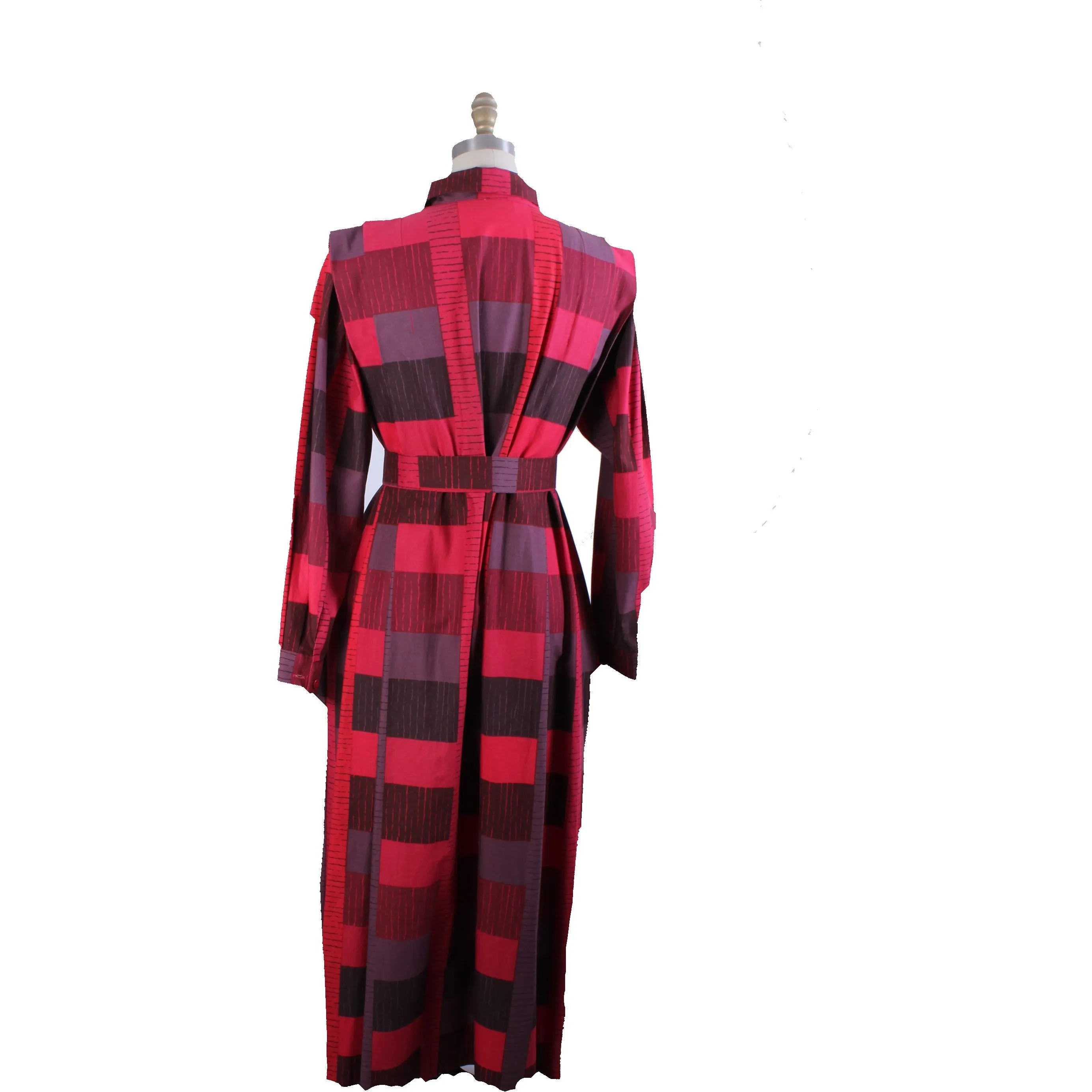 Vintage Marimekko 1980s Cotton Plaid Shirt Tent Maxi Dress Red & Purple  40/12 M/L